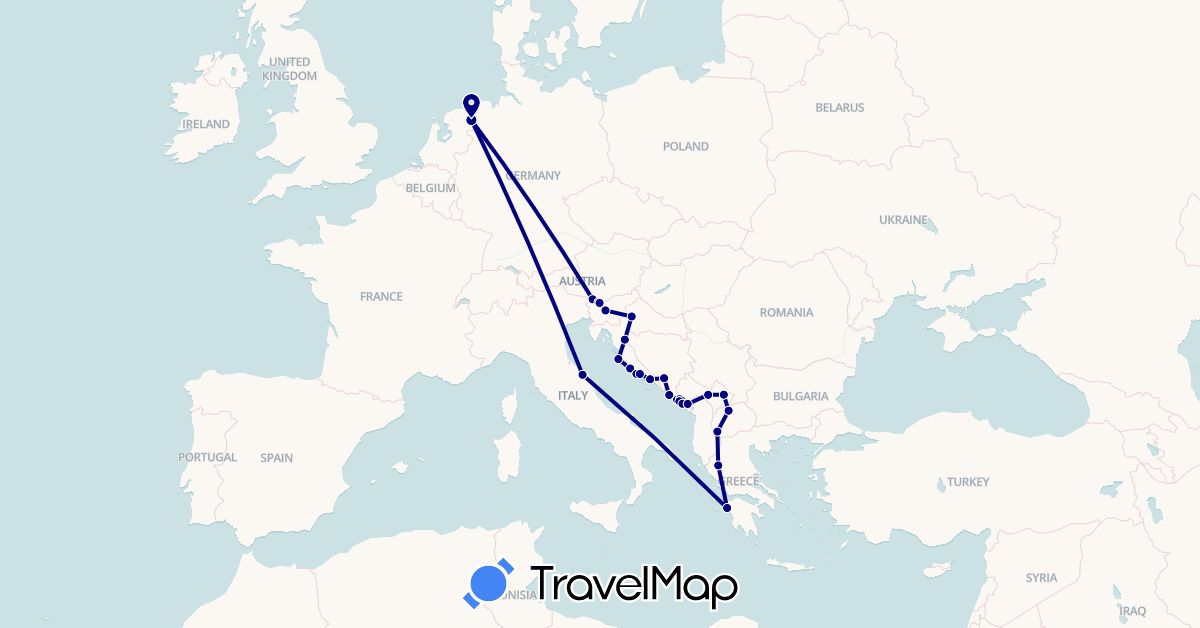 TravelMap itinerary: driving in Bosnia and Herzegovina, Greece, Croatia, Italy, Montenegro, Macedonia, Netherlands, Slovenia, Kosovo (Europe)